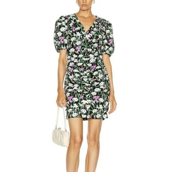 Veronica Beard Dress Womens 4 Black Janis Ruch Floral Print Mini Puff Sleeve - Picture 1 of 9